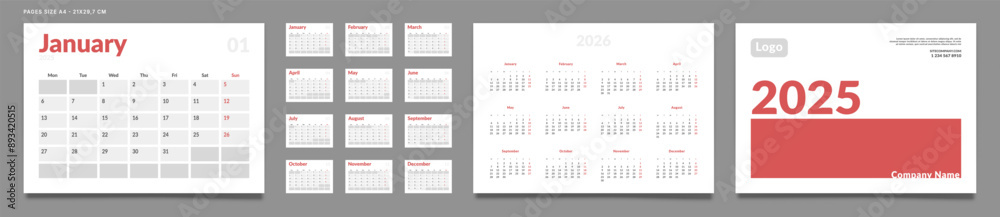 Set of 2025 Pages Monthly Calendar Planner Templates, Cover with Place for Photo, Company Logo, Annual. Design of Vector layout Calendar Pages size A4-21x29.7 cm in for print. Week start on Monday Set of 2025 Pages Monthly Calendar Planner Templates, Cover with Place for Photo, Company Logo, Annual. Design of Vector layout Calendar Pages size A4-21x29.7 cm in for print. Week start on Monday