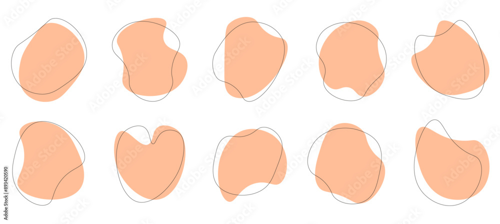 Set of abstract shapes with lines. Ten figures of peach color. Design. Set of abstract shapes with lines. Ten figures of peach color. Design.