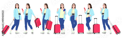 Young woman tourist with camera and smartphone. Female in casual clothes with a suitcase, passport, and tickets. Young female traveler goes on a journey. Vector illustration set isolated on white
