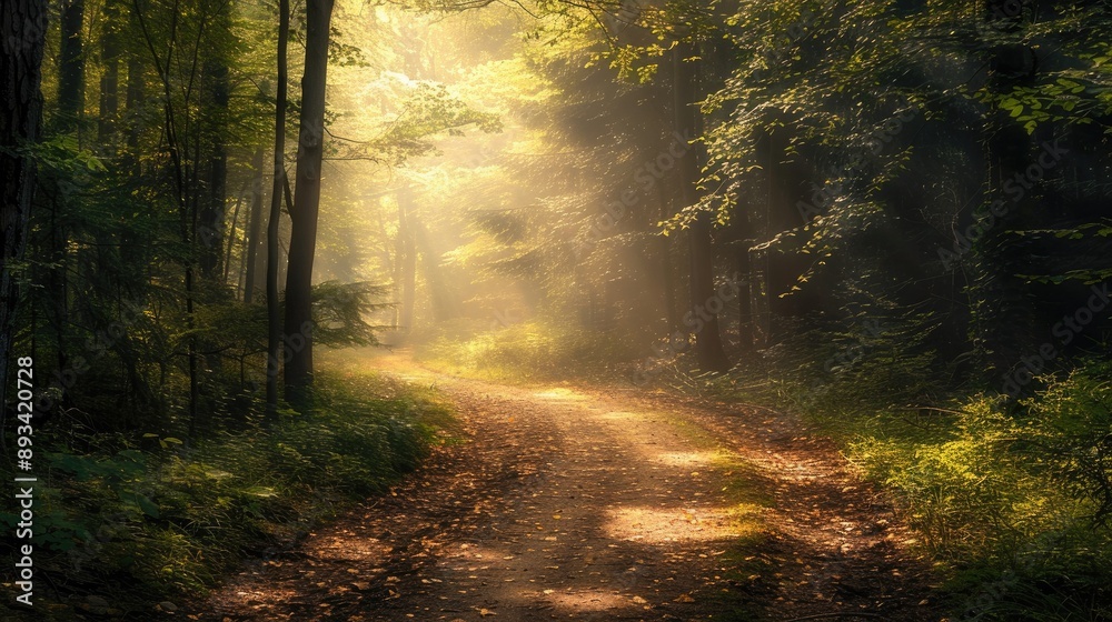 Obraz premium A peaceful forest path with sunlight filtering through the leaves, leading to an unknown destination.
