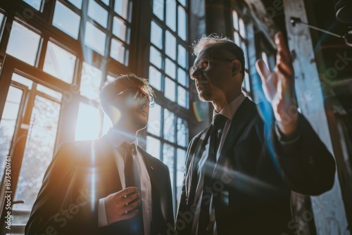 Businessman mentoring a younger colleague, supportive and guiding, leadership and development photo