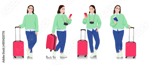 Young woman tourist with camera and smartphone. Female in casual clothes with a suitcase, passport, and tickets. Young female traveler goes on a journey. Vector illustration set isolated on white