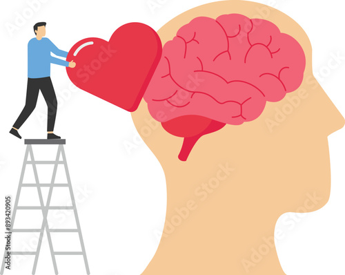 Mental health concept vector illustration. Brain and heart. World mental health day. Woman put red heart on human brain in flat design on pink background.

