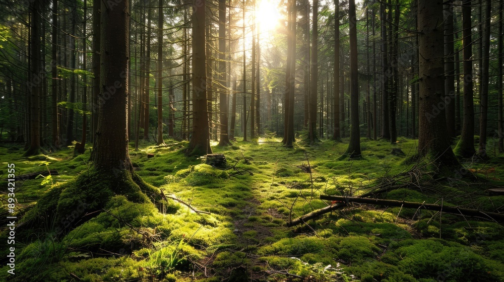 Obraz premium A tranquil forest with sunlight filtering through the trees, highlighting the textures of moss and twigs.