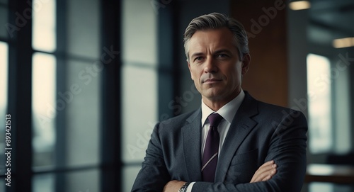 A charismatic business man confidently standing with arms crossed in a contemporary office environment, embodying professionalism; a powerful abstract and best-seller background concept