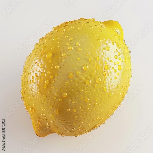 hyperrealistic 3d rendering of a lemon vivid yellow skin texture water droplets for freshness dramatic lighting white background ultrasharp details photo