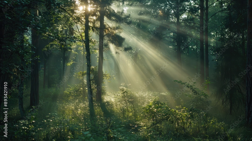 Obraz premium Sunbeams breaking through the trees, creating a mystical atmosphere in the forest.