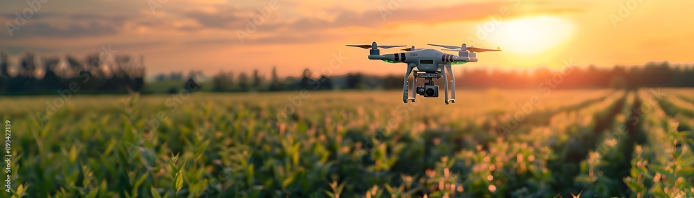 Precision Farming with Drone and Automated Machinery at Sunrise Landscape Precision Farming with Drone and Automated Machinery at Sunrise Landscape