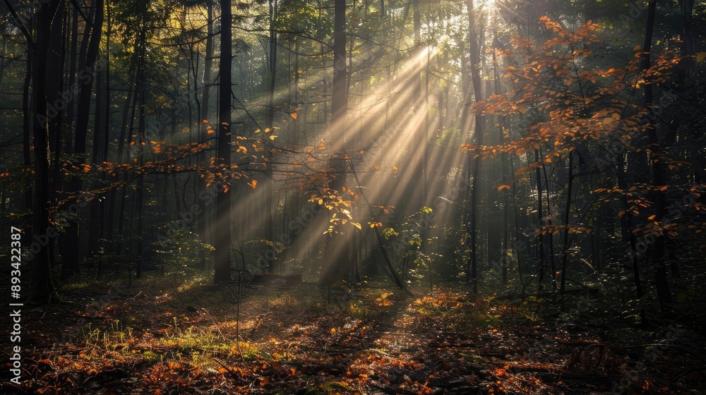 Obraz premium Sunbeams creating a beautiful interplay of light and shadow on the forest ground.