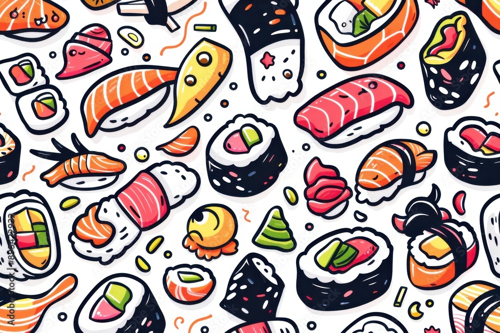 A white background is covered in a vibrant pattern of various sushi rolls and nigiri, all hand-drawn in a cartoon style A white background is covered in a vibrant pattern of various sushi rolls and nigiri, all hand-drawn in a cartoon style