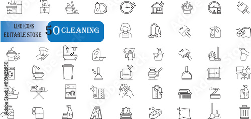 Set of 50 outline icons related to cleaning