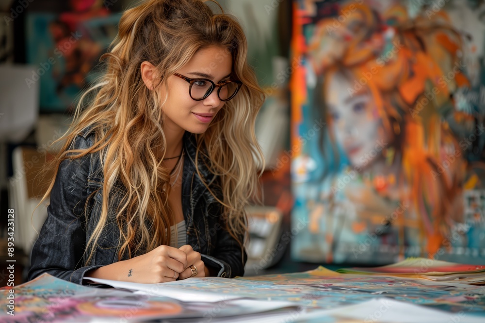 Fototapeta premium Woman With Long Blonde Hair Wearing Glasses Looking at Papers in Studio