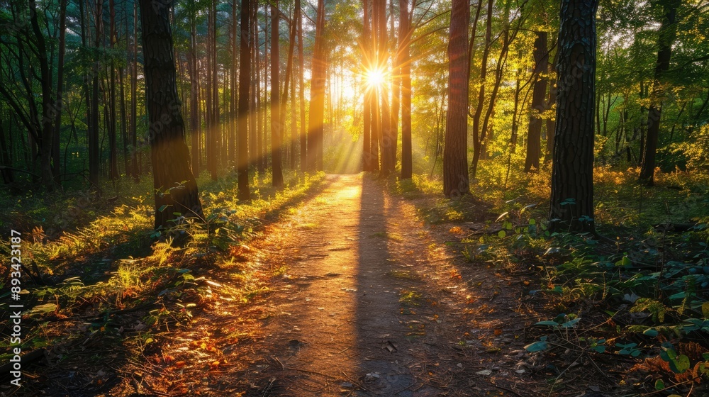 Obraz premium Sunlight filtering through tall trees, casting long shadows on a forest path.