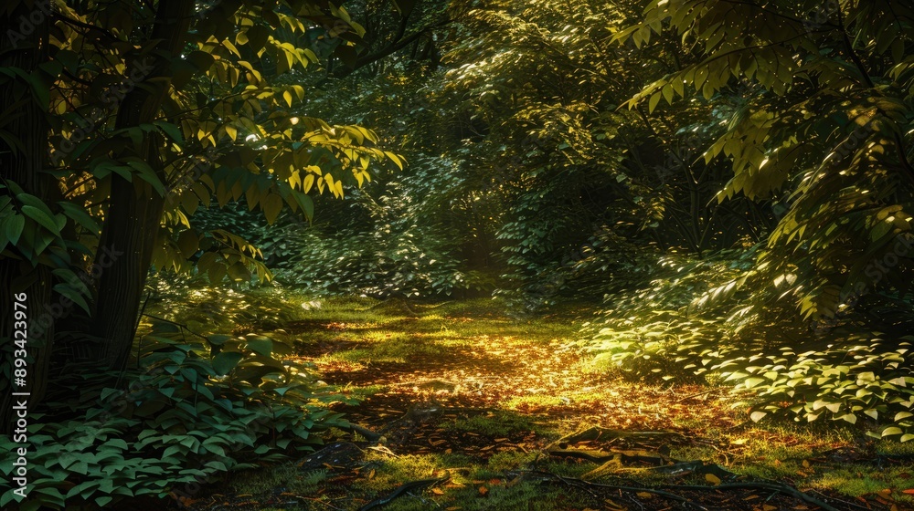 Obraz premium Sunlight filtering through the dense foliage, casting intricate patterns on the forest ground.