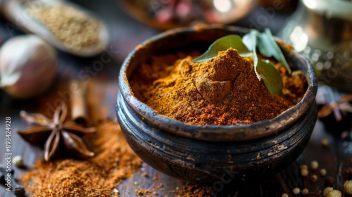 A bowl of garam masala spice blend, showcasing the aromatic ingredients used in Indian cuisine. photo