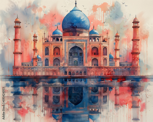 Flat Designed Watercolour Illustration of Indian Castle Taj Mahal. Template for Print, Poster, Sticker, Cover, Banner