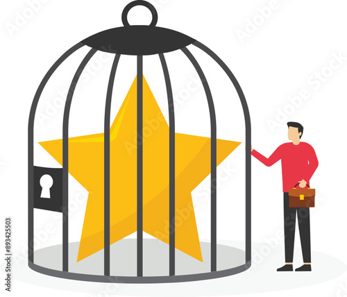 Lack of autonomy in the position and success in the job. man locks a stars in a cage. business concept

