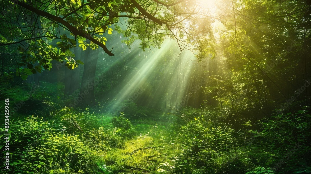 Sunlight shining through the branches, illuminating the vibrant green of the forest floor. Sunlight shining through the branches, illuminating the vibrant green of the forest floor.