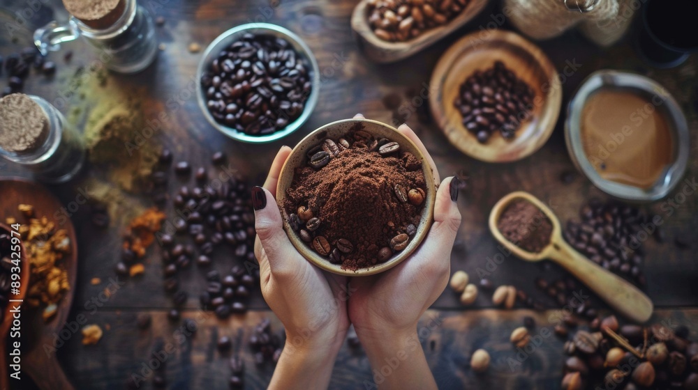 Hands Holding Bowl of Ground Coffee and Beans Hands Holding Bowl of Ground Coffee and Beans