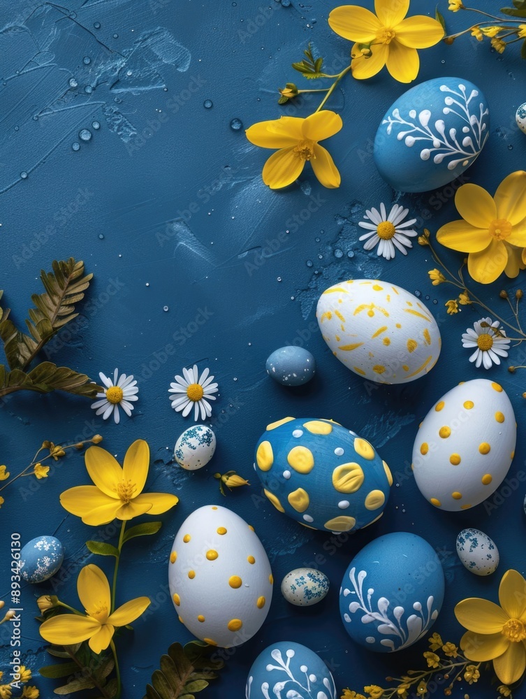 A collection of decorated eggs in blue and yellow hues placed on a blue background, perfect for Easter or spring-themed designs A collection of decorated eggs in blue and yellow hues placed on a blue background, perfect for Easter or spring-themed designs