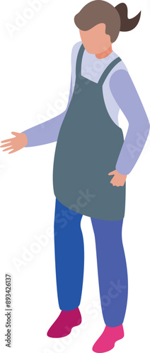 Isometric illustration of a young shop assistant wearing an apron standing and greeting