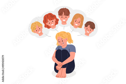 Bullying and shaming from classmates causes depression in little girl from elementary school, needs protection of adults. Child suffers from bad friends use shaming to assert themselves