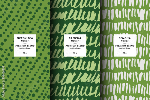 Vector illustration set of templates contemporary abstract cover and patterns for matcha tea packaging with labels. Minimal modern backgrounds