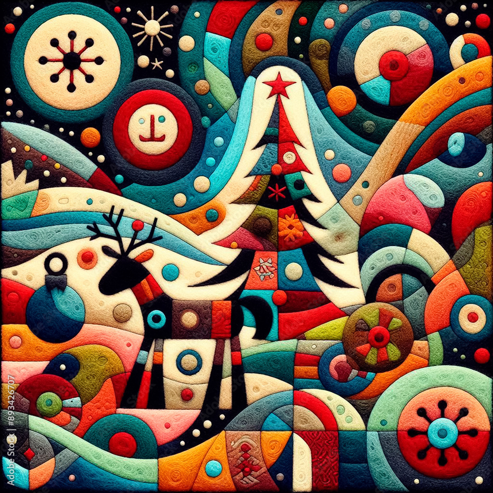 Obraz premium Felt art patchwork, christmas concept, needlepoint, abstract silhouette, expressionist style, colorful holiday