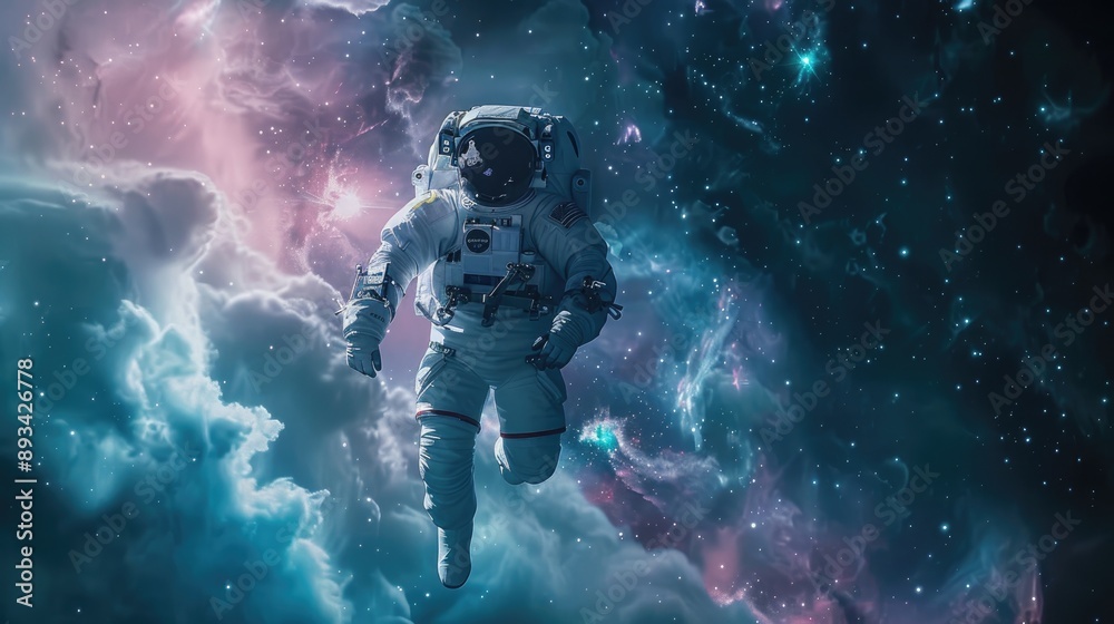 Space scene with an astronaut floating, surrounded by cosmic clouds and stardust, capturing the essence of exploration Space scene with an astronaut floating, surrounded by cosmic clouds and stardust, capturing the essence of exploration