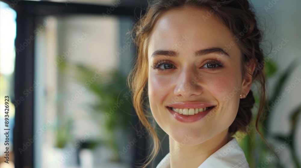A smiling woman with a warm and inviting facial expression A smiling woman with a warm and inviting facial expression