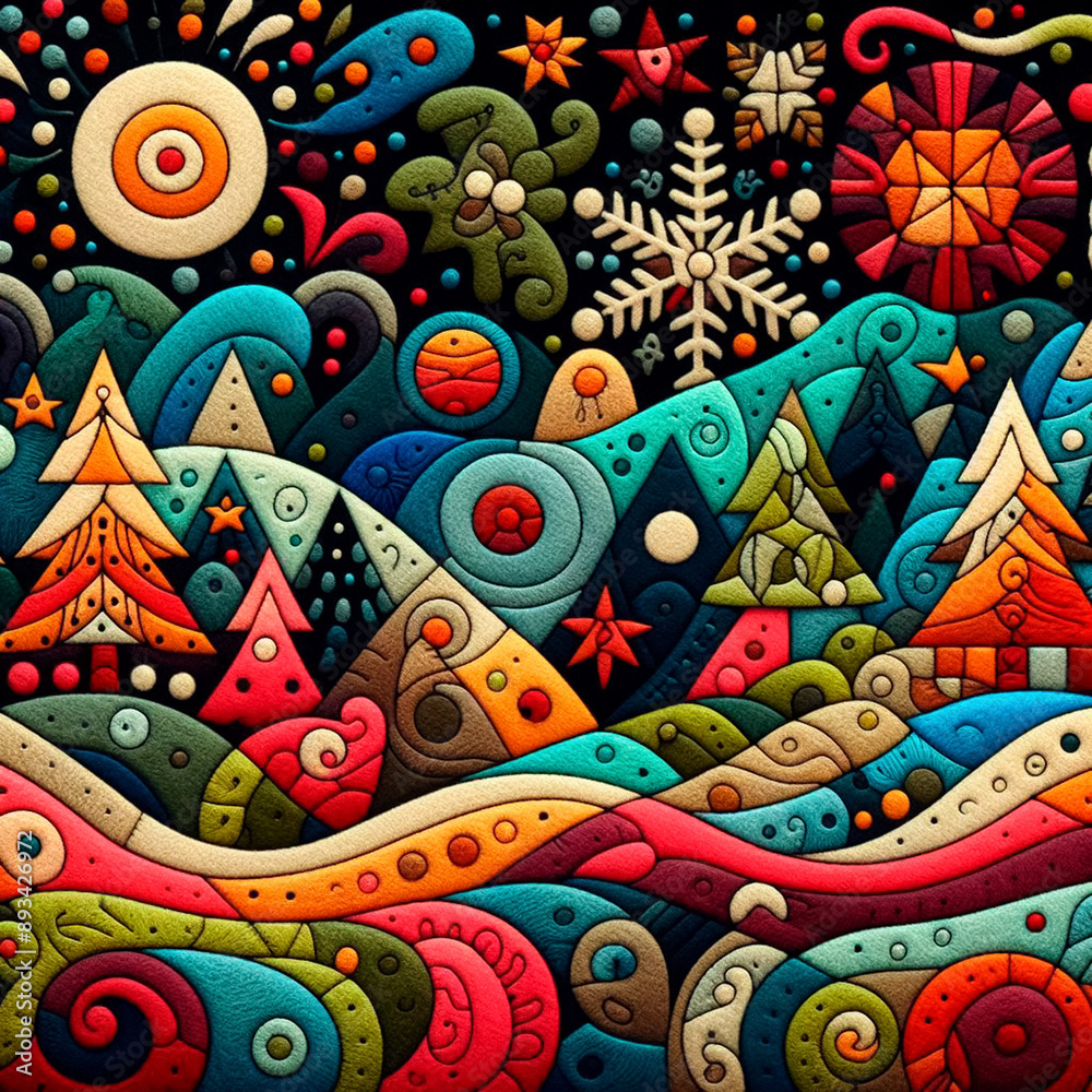 Felt art patchwork, christmas concept, needlepoint, abstract silhouette, expressionist style, colorful holiday Felt art patchwork, christmas concept, needlepoint, abstract silhouette, expressionist style, colorful holiday