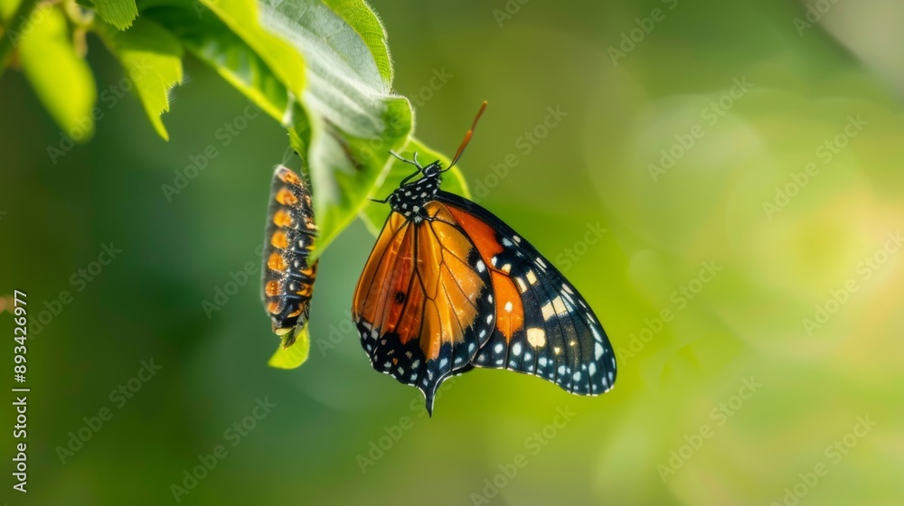 A butterfly emerging from its chrysalis, wings still drying as it prepares for its first flight. A butterfly emerging from its chrysalis, wings still drying as it prepares for its first flight.