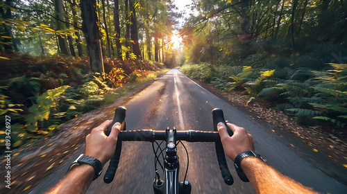 POV riding bicycle in the forest road 