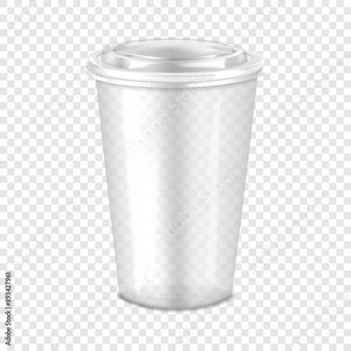 Clear empty plastic cup with lid. 3d mockup. Disposable takeaway drink container. Realistic vector mock-up. To go beverage mug on transparent background. Template for design