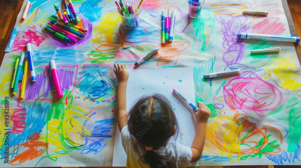 Naklejka premium A child drawing with vibrant markers on a large sketchpad, surrounded by art supplies.
