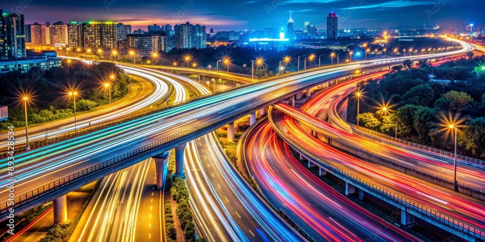 Obraz premium Aerial View of City Highway with Light Trails at Night