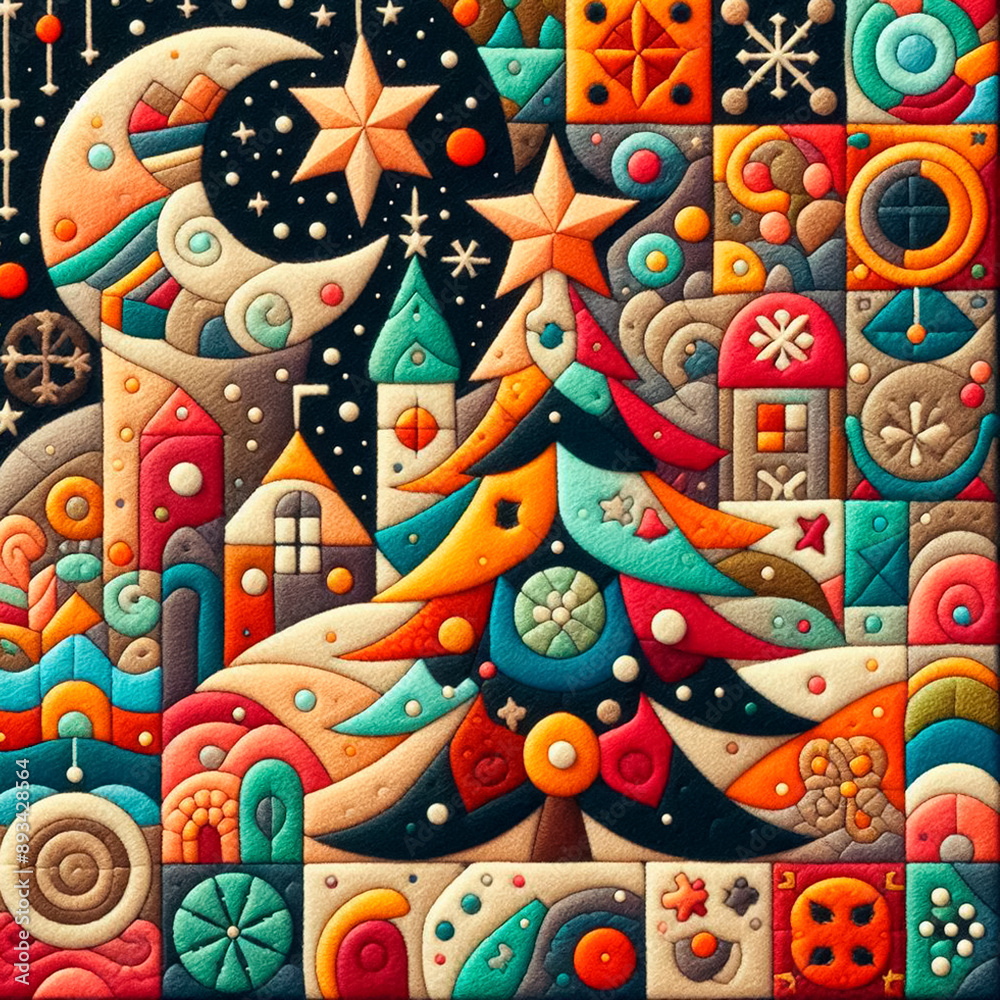 Felt art patchwork, christmas concept, needlepoint, abstract silhouette, expressionist style, colorful holiday Felt art patchwork, christmas concept, needlepoint, abstract silhouette, expressionist style, colorful holiday