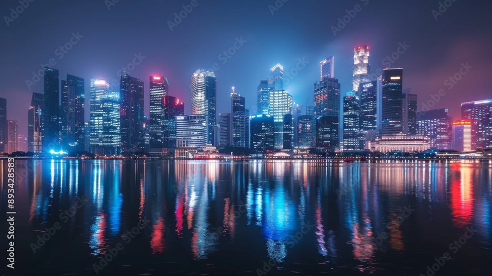 Obraz premium A city skyline with illuminated skyscrapers reflecting in a calm river at night.