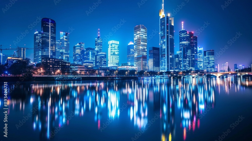 Fototapeta premium A city skyline with illuminated skyscrapers reflecting in a calm river at night.