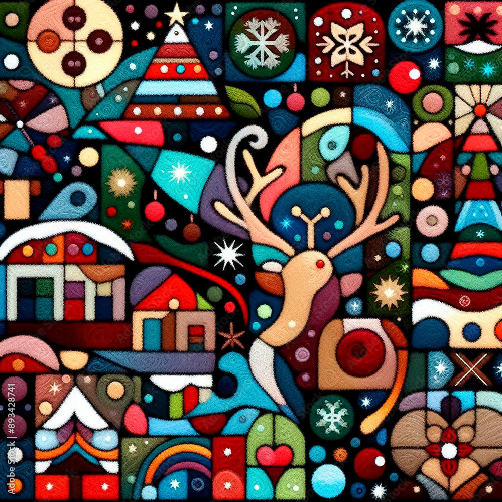 Fototapeta premium Felt art patchwork, christmas concept, needlepoint, abstract silhouette, expressionist style, colorful holiday