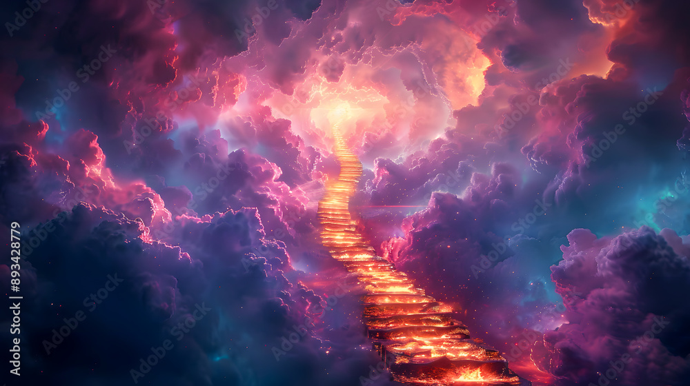A majestic stairway to heaven in glory, representing the meeting of God and symbolizing Christian beliefs A majestic stairway to heaven in glory, representing the meeting of God and symbolizing Christian beliefs