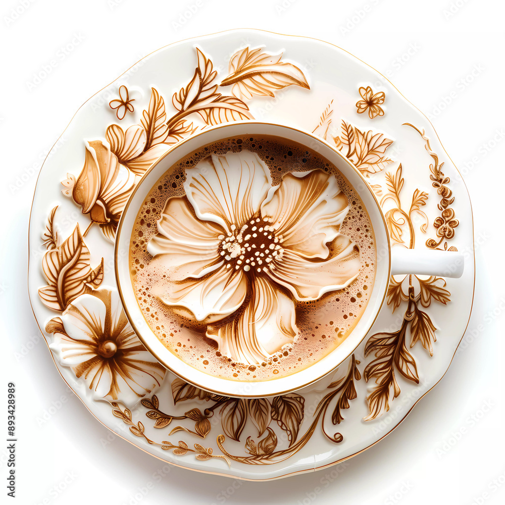 Intricate pattern of coffee art depicting a blooming flower in a cup Intricate pattern of coffee art depicting a blooming flower in a cup