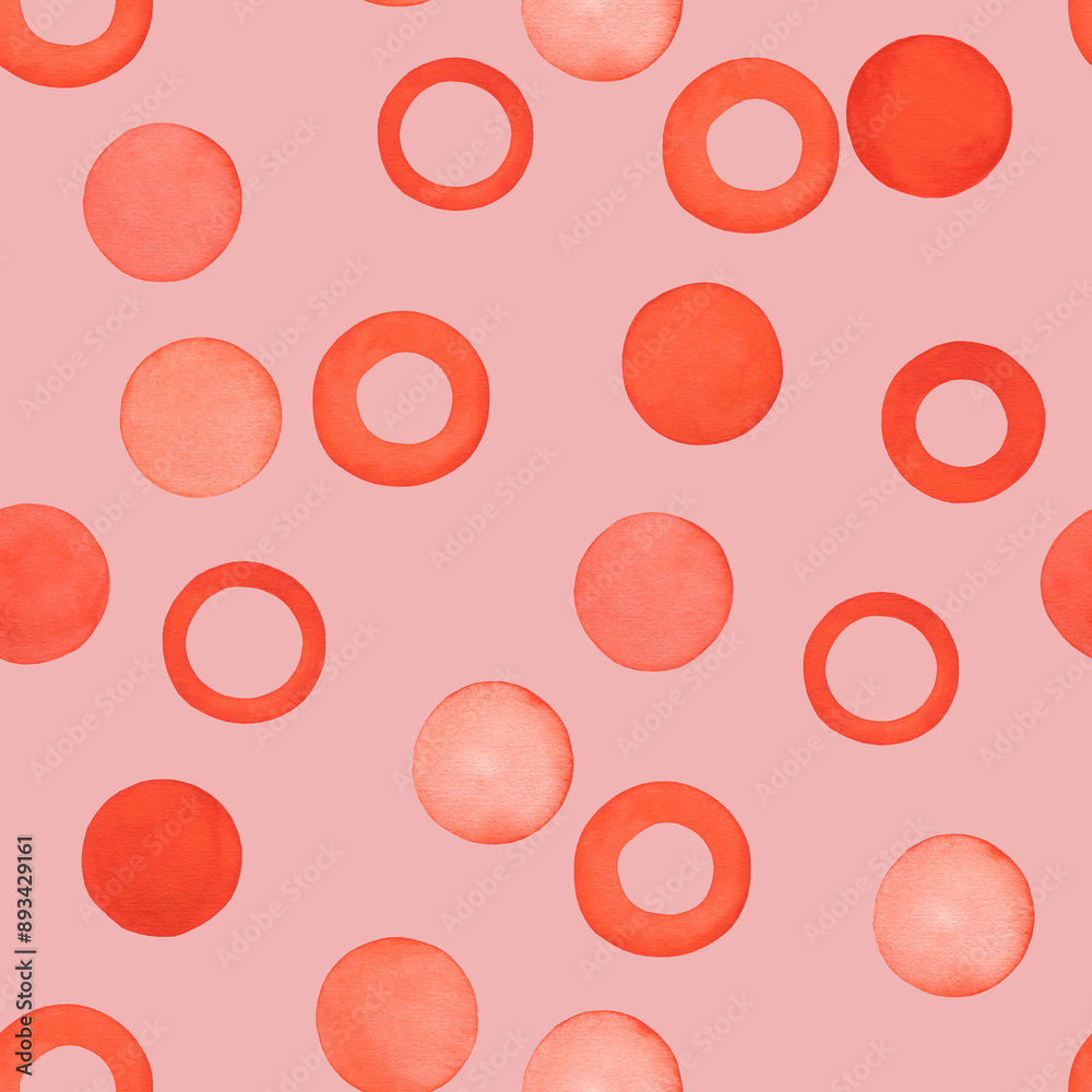Abstract orange seamless pattern with red circles, polka dot. Hand drawn painting, watercolor modern geometric background, round shape texture for wrapping, textile Abstract orange seamless pattern with red circles, polka dot. Hand drawn painting, watercolor modern geometric background, round shape texture for wrapping, textile
