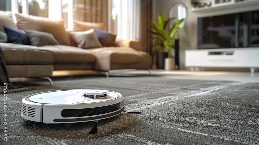 a white robot vacuum glides across the gray carpeted floor of a stylish, cozy living room a white robot vacuum glides across the gray carpeted floor of a stylish, cozy living room