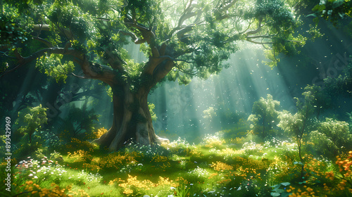 A beautiful fairytale enchanted forest with big trees and great vegetation. Digital painting background © Akash Tholiya