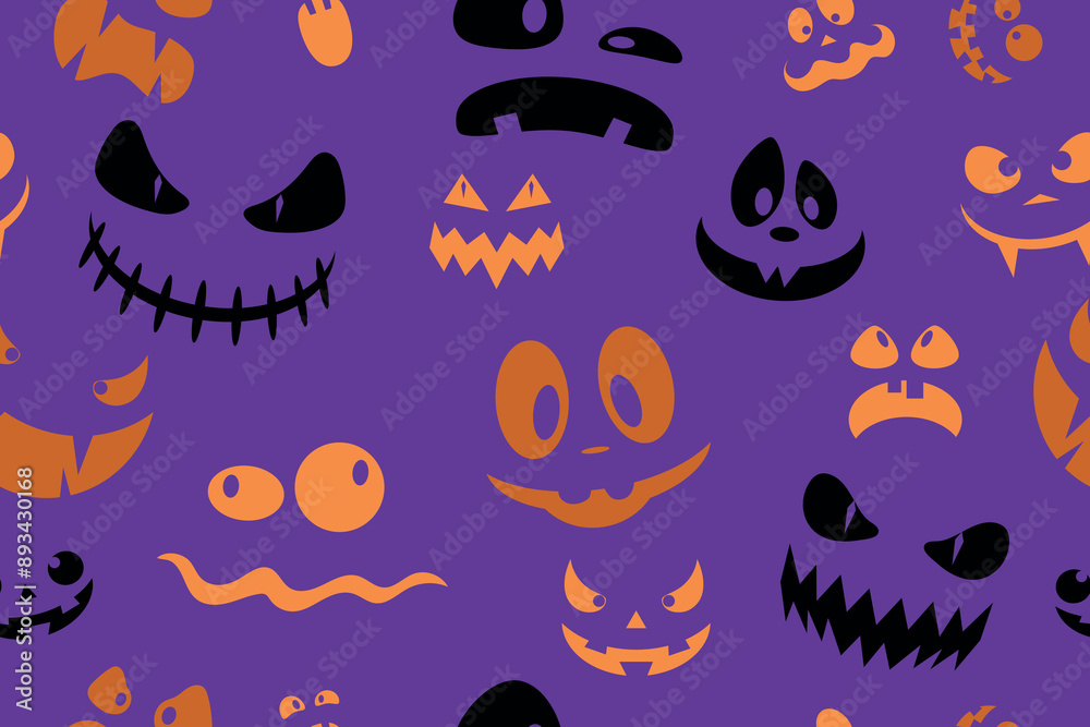 Obraz premium Seamless pattern of pumpkin emotions on violet background. Spooky pumpkins faces. Holiday design for party decorations. Vector illustration