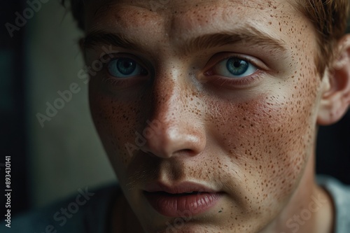 A young man with freckles and blue eyes looking into the camera