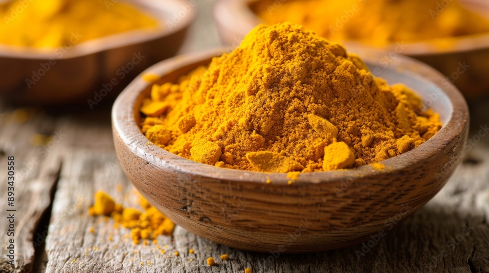 Bowl of Turmeric Powder on Wooden Table Bowl of Turmeric Powder on Wooden Table