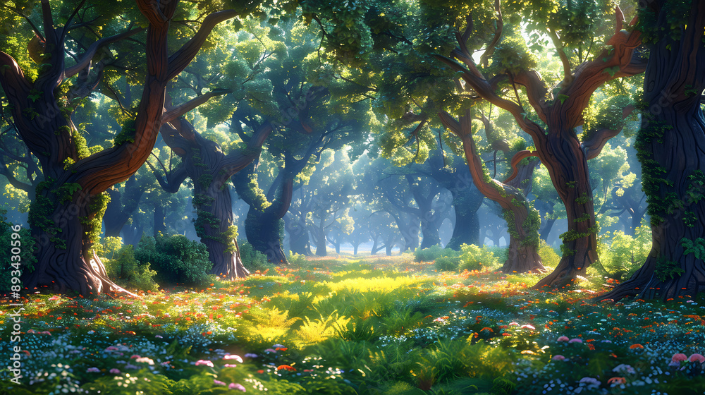 Fototapeta premium A beautiful fairytale enchanted forest with big trees and great vegetation. Digital painting background