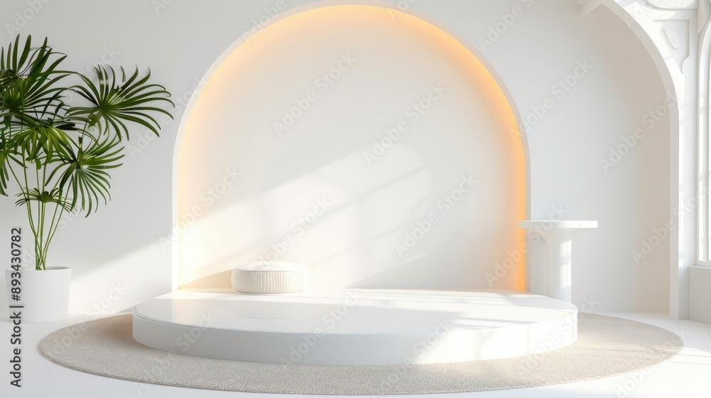 Stylish podium with a single-color carpet, perfect for highlighting products and marketing materials.